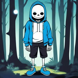 Create an image of Sans from Undertale, the skeleton character known for his blue hoodie, black shorts, and slippers, standing in a dark, eerie forest with glowing blue eyes