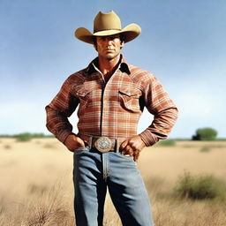 A highly detailed, realistic image of a more muscular Marlboro Man standing in a grassy field