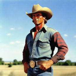 A highly detailed, realistic image of a more muscular Marlboro Man standing in a grassy field