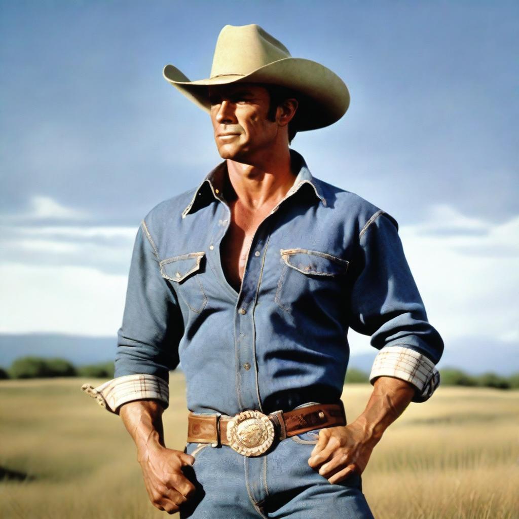 A highly detailed, realistic image of a more muscular Marlboro Man standing in a grassy field