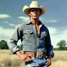 A highly detailed, realistic image of a more muscular Marlboro Man standing in a grassy field