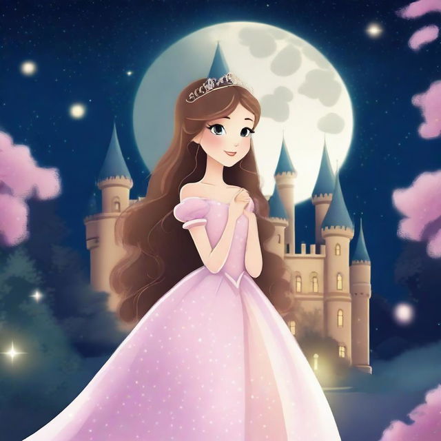 A beautiful princess standing in front of a grand castle under a starry night sky with a full moon