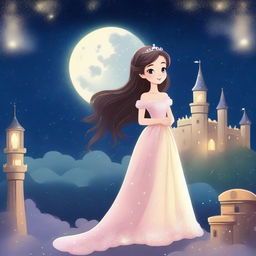 A beautiful princess standing in front of a grand castle under a starry night sky with a full moon