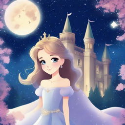 A beautiful princess standing in front of a grand castle under a starry night sky with a full moon