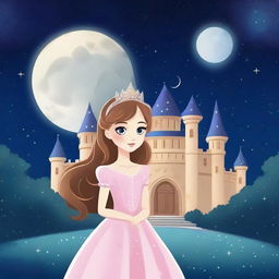 A beautiful princess standing in front of a grand castle under a starry night sky with a full moon