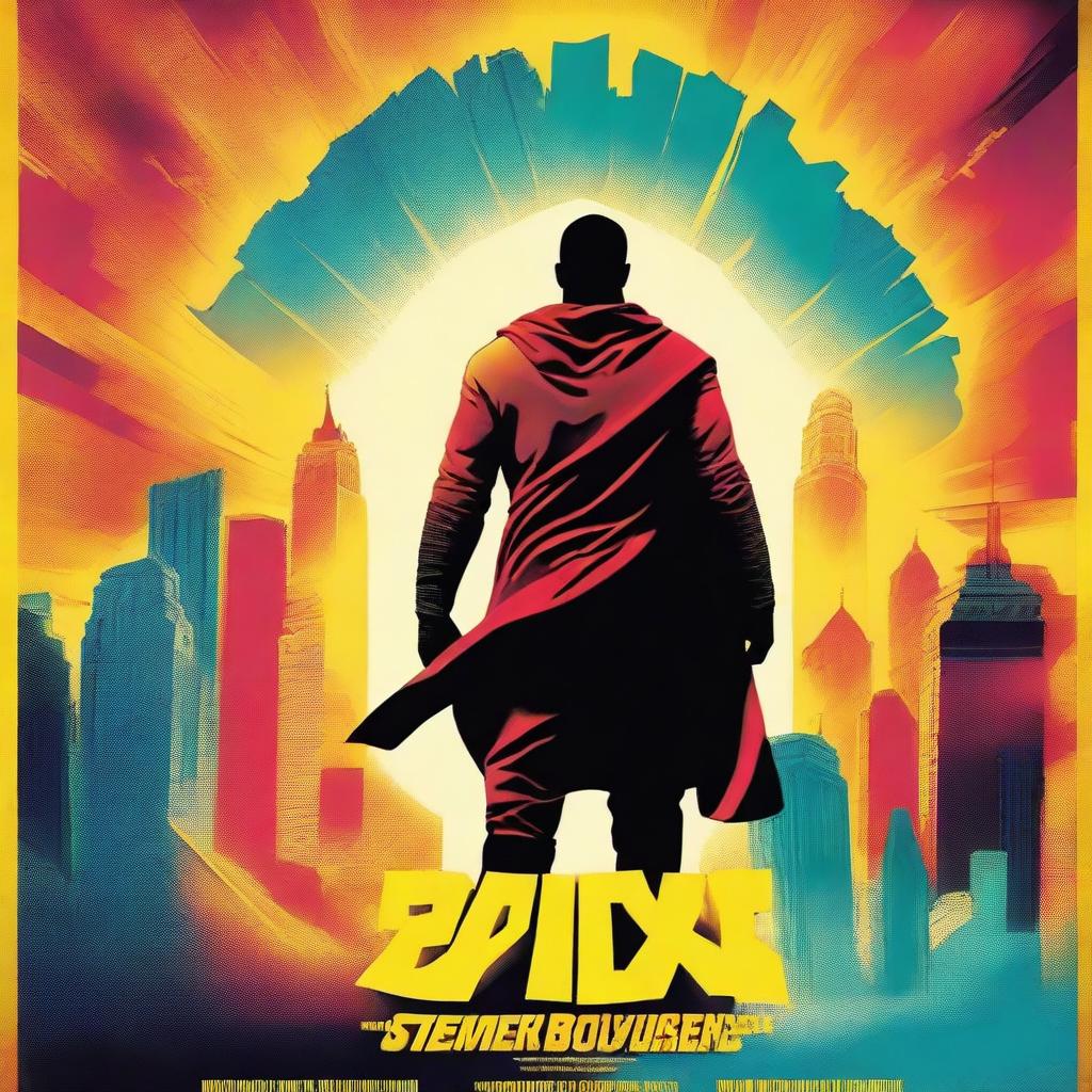 A vibrant and eye-catching movie poster featuring a heroic character standing against a dramatic backdrop, with bold text displaying the movie title and tagline