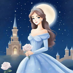 A beautiful princess standing in front of a grand castle under a starry night sky with a full moon