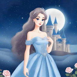 A beautiful princess standing in front of a grand castle under a starry night sky with a full moon