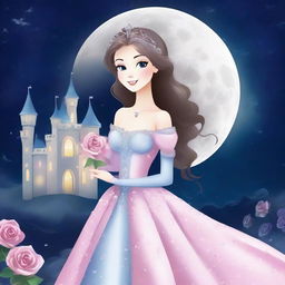 A beautiful princess standing in front of a grand castle under a starry night sky with a full moon