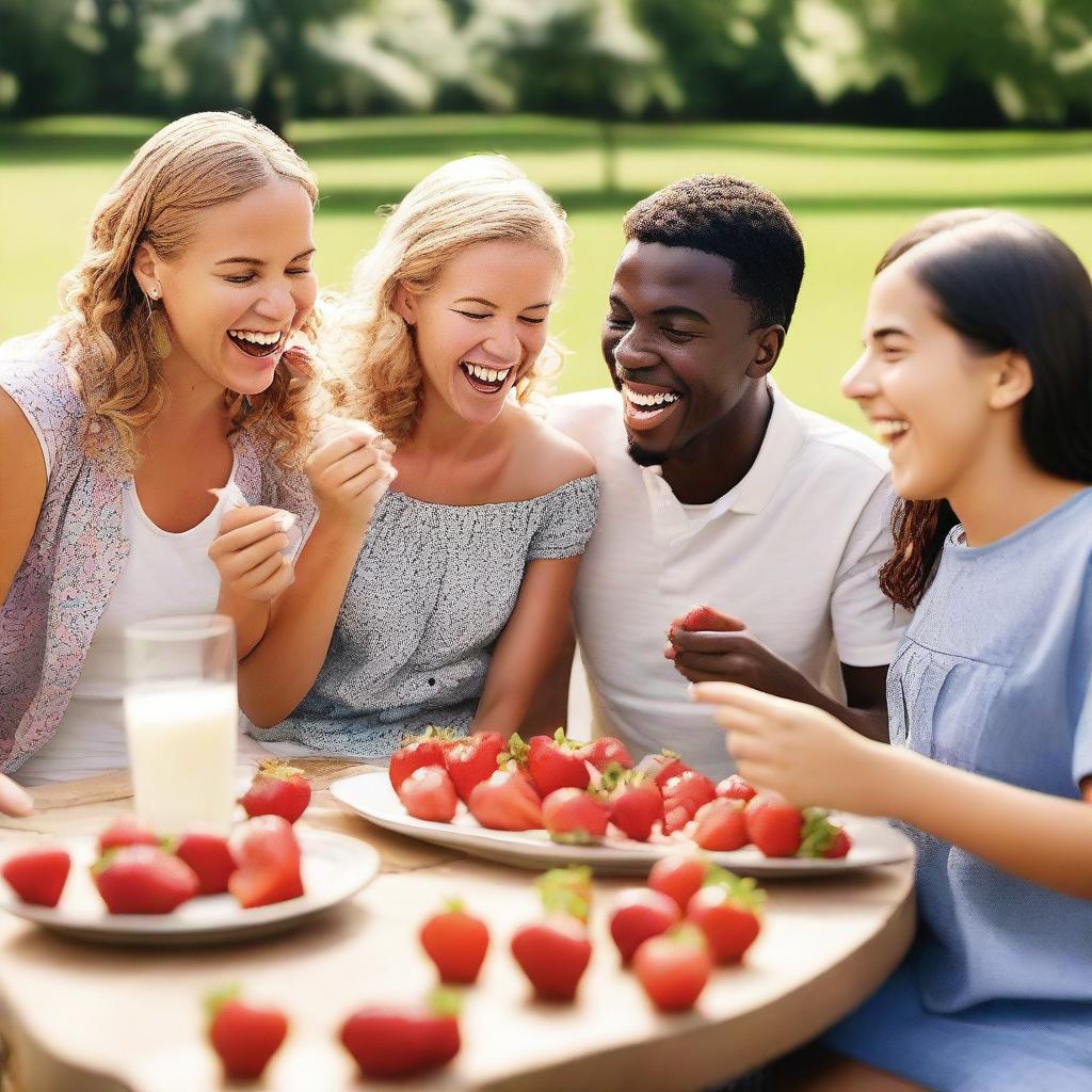 A group of people enjoying strawberries with cream