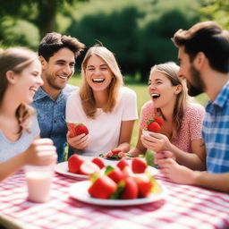 A group of people enjoying strawberries with cream