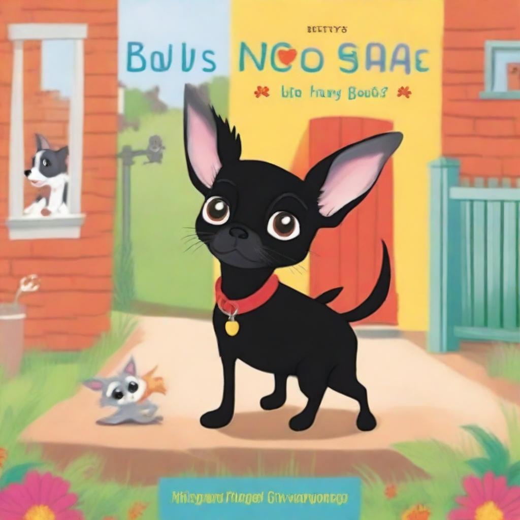 A children's book cover featuring a black chihuahua returning to an animal rescue building to help his many dog and cat friends