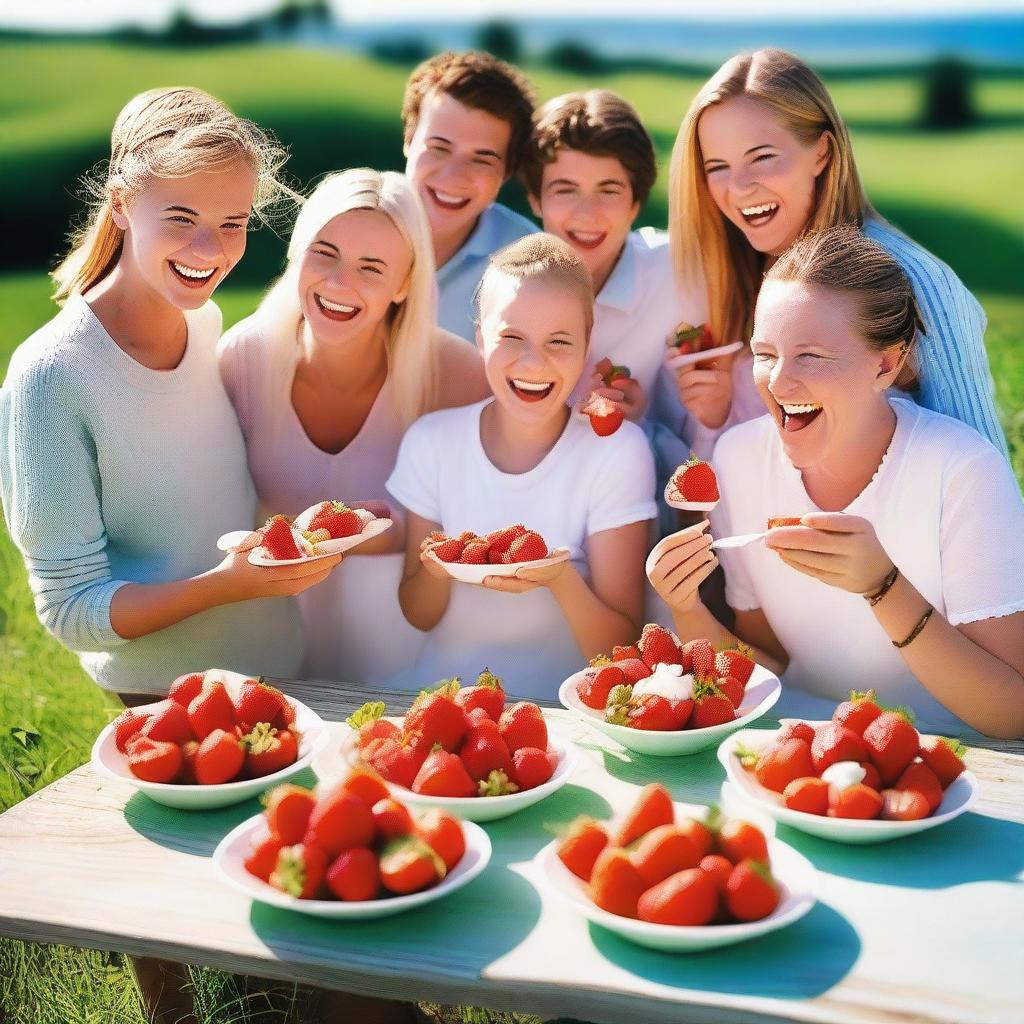 A group of people enjoying strawberries with cream in a sunny outdoor setting