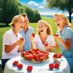 A group of people enjoying strawberries with cream in a sunny outdoor setting