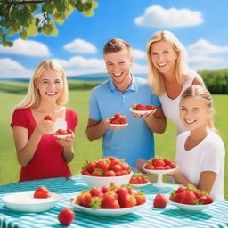 A group of people enjoying strawberries with cream in a sunny outdoor setting