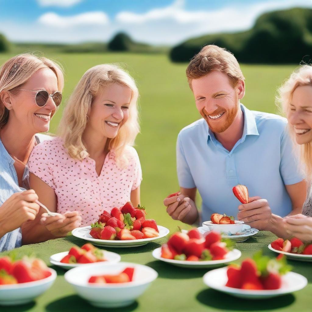 A group of people enjoying strawberries with cream in a sunny outdoor setting