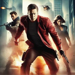 Create a dynamic and thrilling action movie poster featuring heroic characters in intense action scenes