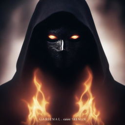 Create a book cover featuring a dark masked hooded figure with a dangerous and menacing look