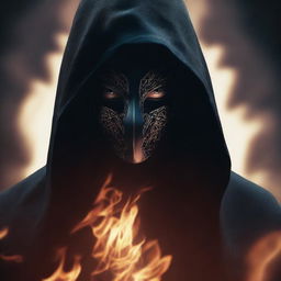 Create a book cover featuring a dark masked hooded figure with a dangerous and menacing look