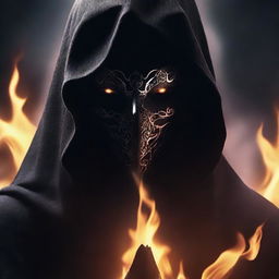 Create a book cover featuring a dark masked hooded figure with a dangerous and menacing look