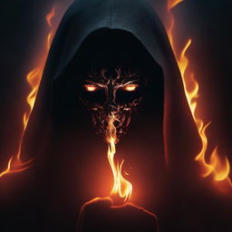 Create a dark-themed book cover featuring a dark masked hooded figure with a dangerous and menacing appearance