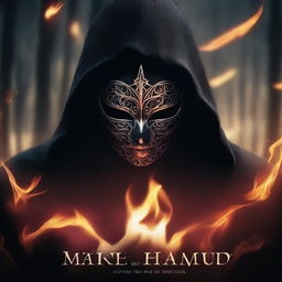 Create a dark-themed book cover featuring a dark hooded figure wearing a half masquerade mask with a dangerous design