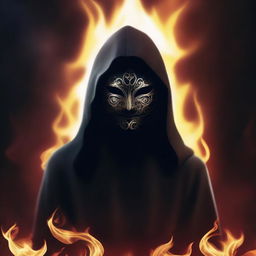 Create a dark-themed book cover featuring a dark hooded figure wearing a half masquerade mask with a dangerous design