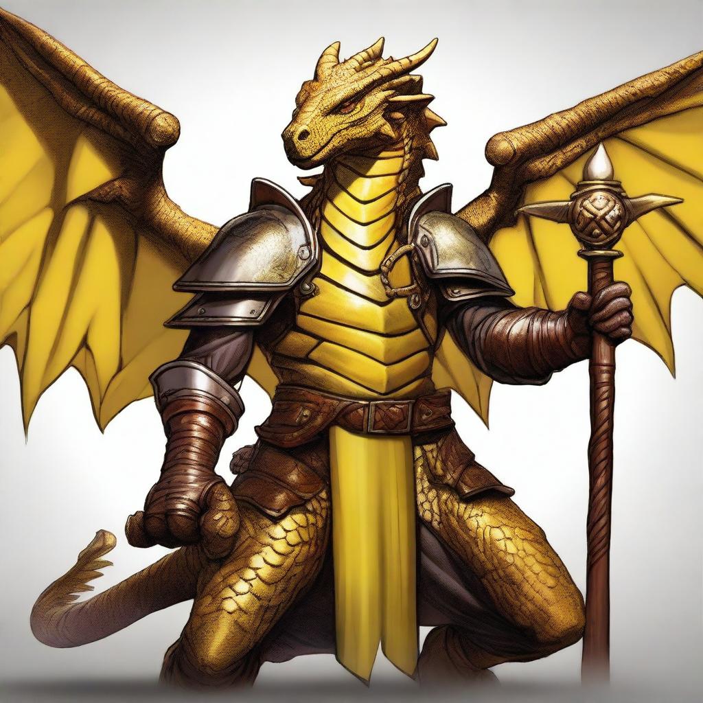 A Dungeons and Dragons character that is a humanoid dragon with golden scales and yellow eyes