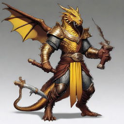 A Dungeons and Dragons character that is a humanoid dragon with golden scales and yellow eyes