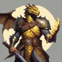 A Dungeons and Dragons character that is a humanoid dragon with golden scales and yellow eyes