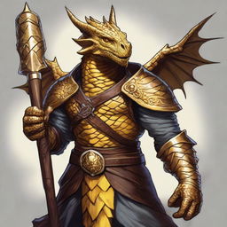 A Dungeons and Dragons character that is a humanoid dragon with golden scales and yellow eyes