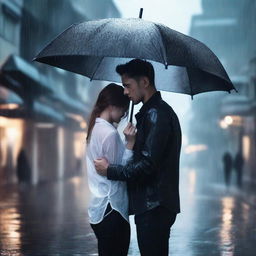 A handsome man in black clothes holding a black umbrella, covering a beautiful girl who is crying under the rain