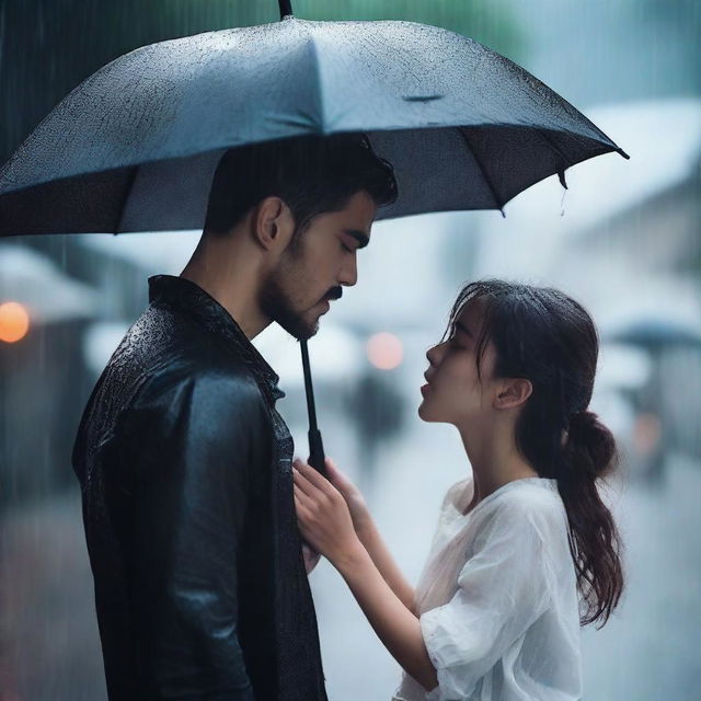 A handsome man in black clothes holding a black umbrella, covering a beautiful girl who is crying under the rain