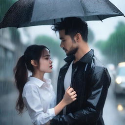 A handsome man in black clothes holding a black umbrella, covering a beautiful girl who is crying under the rain