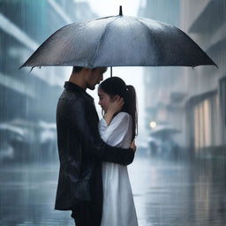 A handsome man in black clothes holding a black umbrella, covering a beautiful girl who is crying under the rain