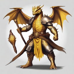 A Dungeons and Dragons character that is a humanoid dragon with golden scales and yellow eyes