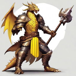 A Dungeons and Dragons character that is a humanoid dragon with golden scales and yellow eyes