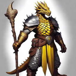 A Dungeons and Dragons character that is a humanoid dragon with golden scales and yellow eyes