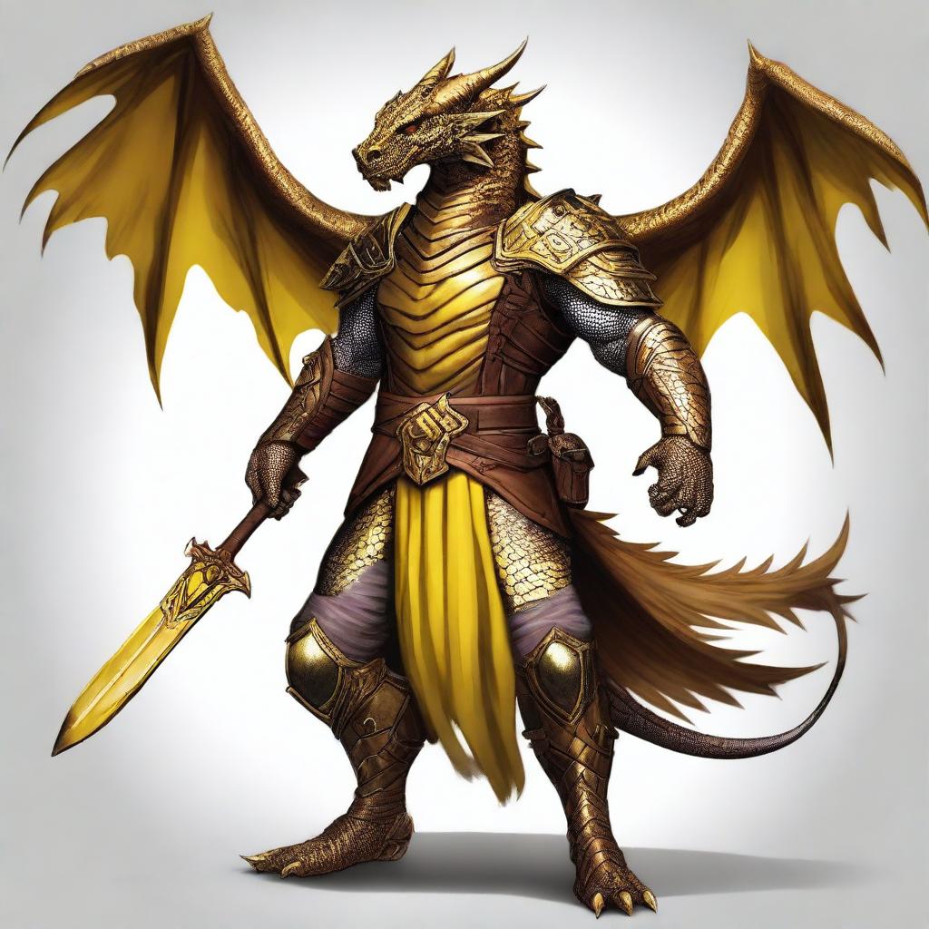 A Dungeons and Dragons character that is a humanoid dragon with golden scales and yellow eyes