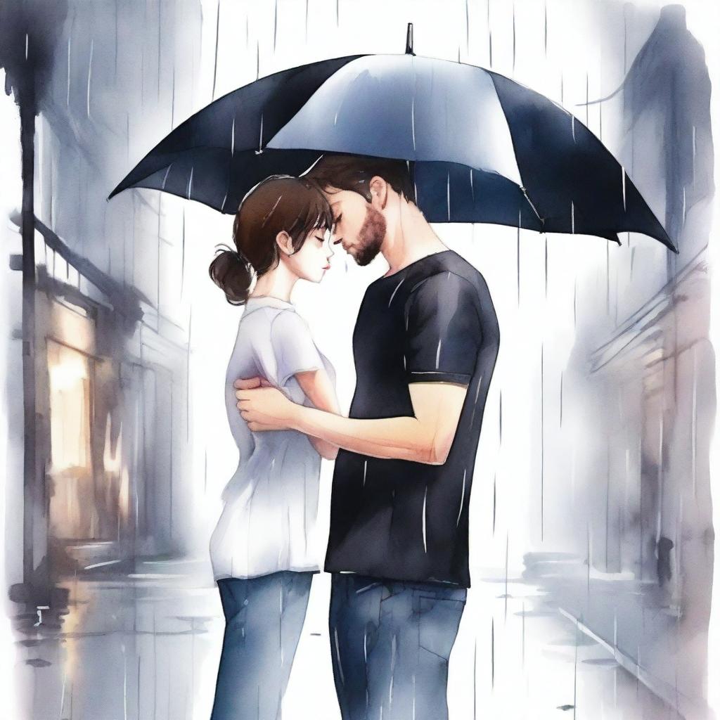 A watercolor style illustration of a handsome man in a black t-shirt holding a black umbrella, covering a beautiful girl with short hair who is crying under the rain