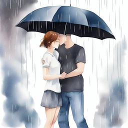 A watercolor style illustration of a handsome man in a black t-shirt holding a black umbrella, covering a beautiful girl with short hair who is crying under the rain