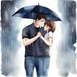 A watercolor style illustration of a handsome man in a black t-shirt holding a black umbrella, covering a beautiful girl with short hair who is crying under the rain