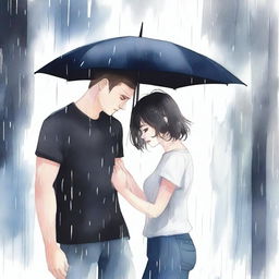 A watercolor style illustration of a handsome man in a black t-shirt holding a black umbrella, covering a beautiful girl with short hair who is crying under the rain