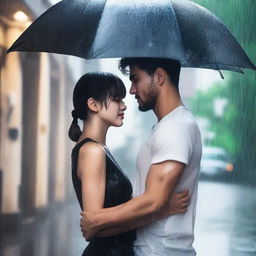 A handsome man in a black t-shirt holding a black umbrella, covering a beautiful girl with short hair who is crying under the rain