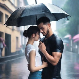 A handsome man in a black t-shirt holding a black umbrella, covering a beautiful girl with short hair who is crying under the rain