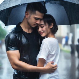 A handsome man in a black t-shirt holding a black umbrella, covering a beautiful girl with short hair who is crying under the rain