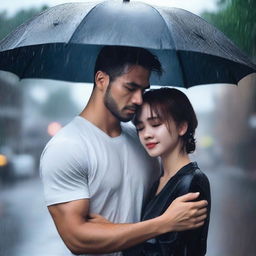 A handsome man in a black t-shirt holding a black umbrella, covering a beautiful girl with short hair who is crying under the rain