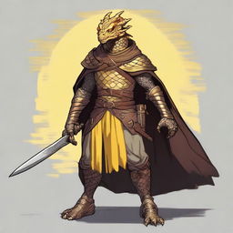 A Dungeons and Dragons character that is a humanoid dragon with golden scales and yellow eyes