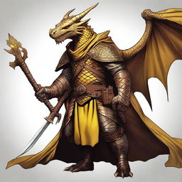 A Dungeons and Dragons character that is a humanoid dragon with golden scales and yellow eyes