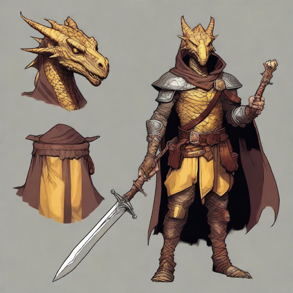 A Dungeons and Dragons character that is a humanoid dragon with golden scales and yellow eyes